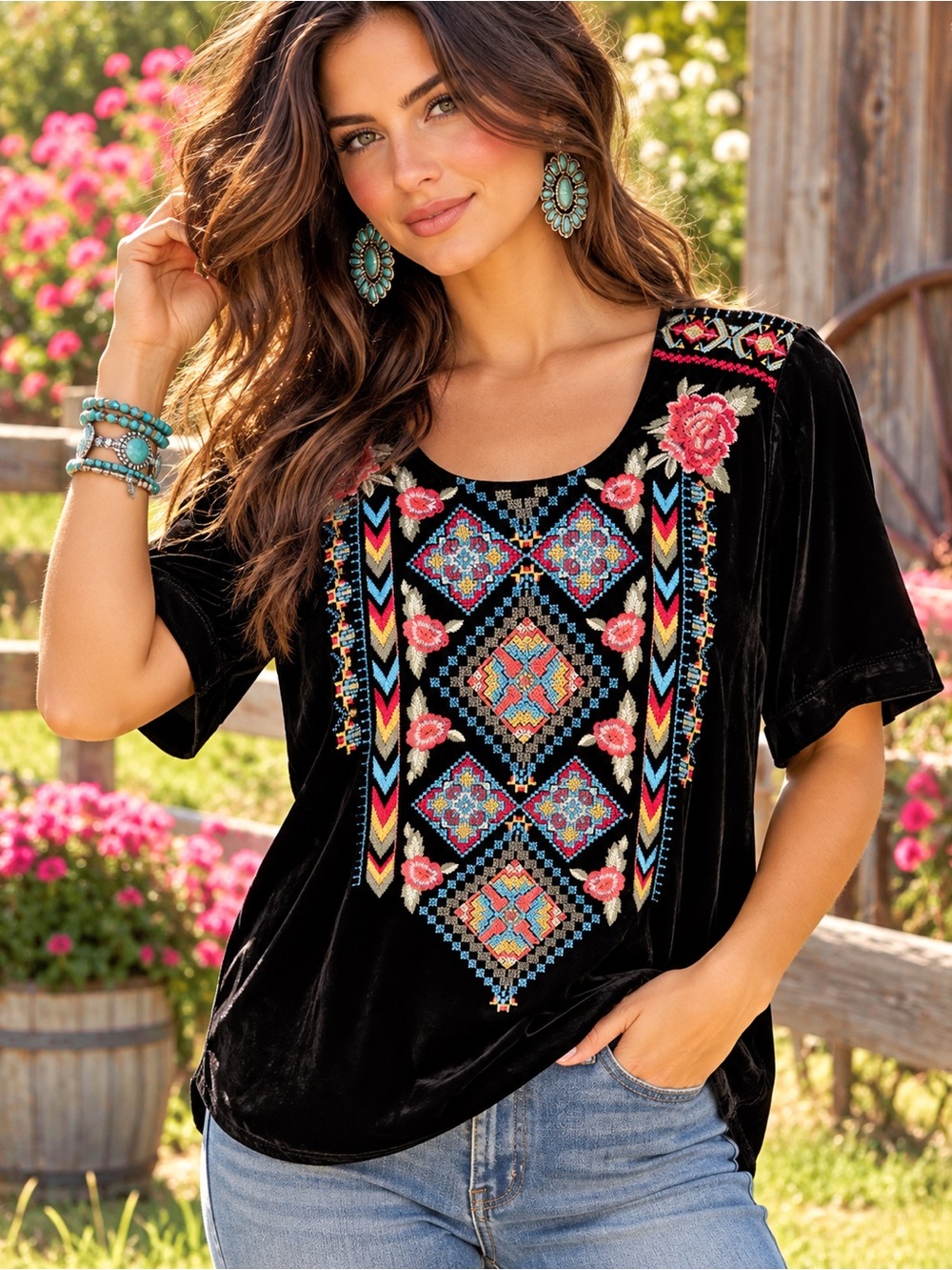 Johnny Was JW Los Angeles XS Black Silk Velvet Embroidered Boho Western Top
